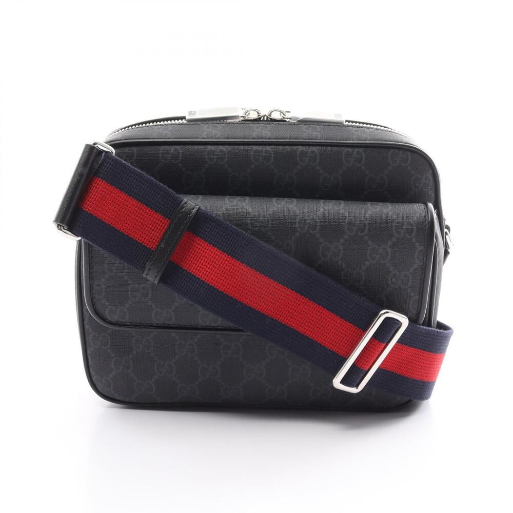Gucci GG Supreme Crossbody Shoulder Bag Canvas Leather Black Gray